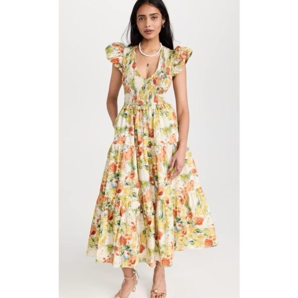 Smocked Flutter-Sleeve Floral Midi Dress in Yellow and Orange